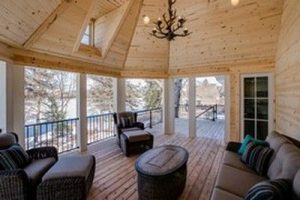 Covered deck view with chandelier
